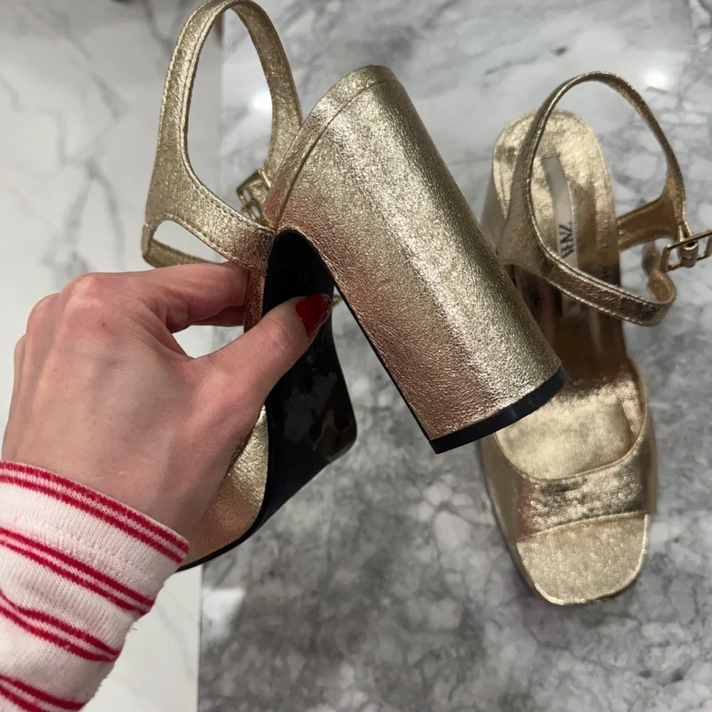 Zara Metallic Gold Block Heel Sandals - Picture 5 of 9
